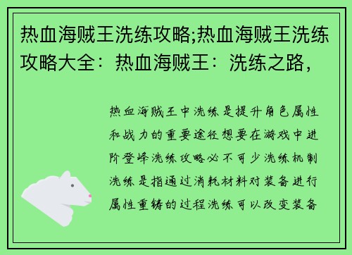 热血海贼王洗练攻略;热血海贼王洗练攻略大全：热血海贼王：洗练之路，进阶登峰